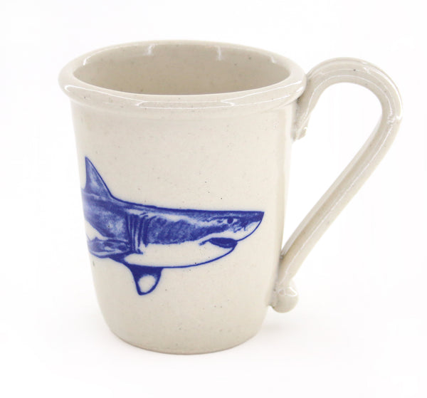 Handmade stoneware shark coffee mug with original artwork of a Great White Shark in profile
