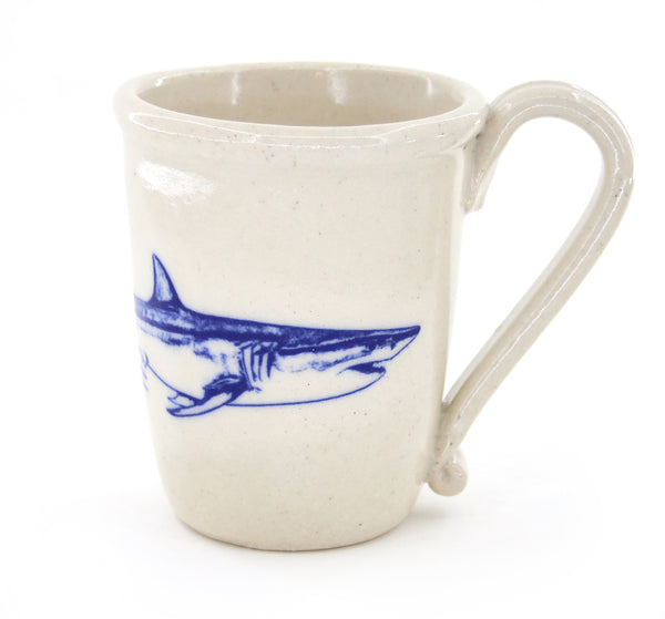 Handmade stoneware shark coffee mug with original artwork of a Shortfin Mako Shark in profile