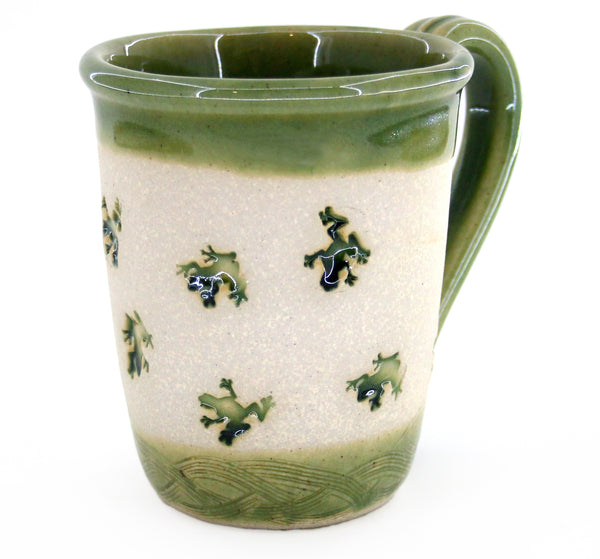 Coastal themed pottery, high fired stoneware mug with a hand etched design of leaping frogs