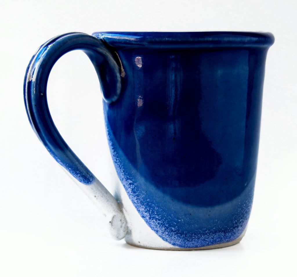 Coastal pottery, high fired stoneware mug half white half cobalt blue