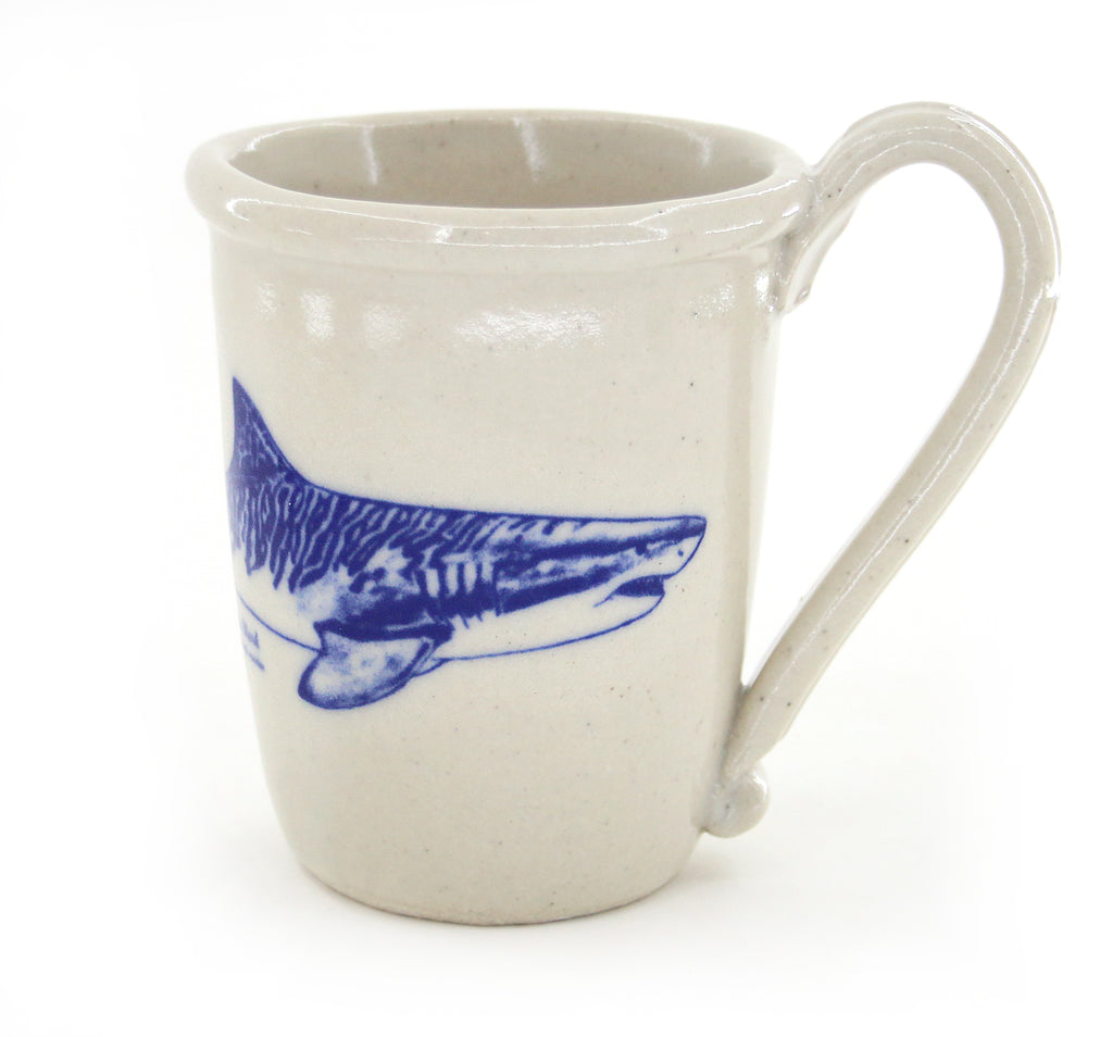 Handmade stoneware shark coffee mug with original artwork of a Tiger Shark in profile