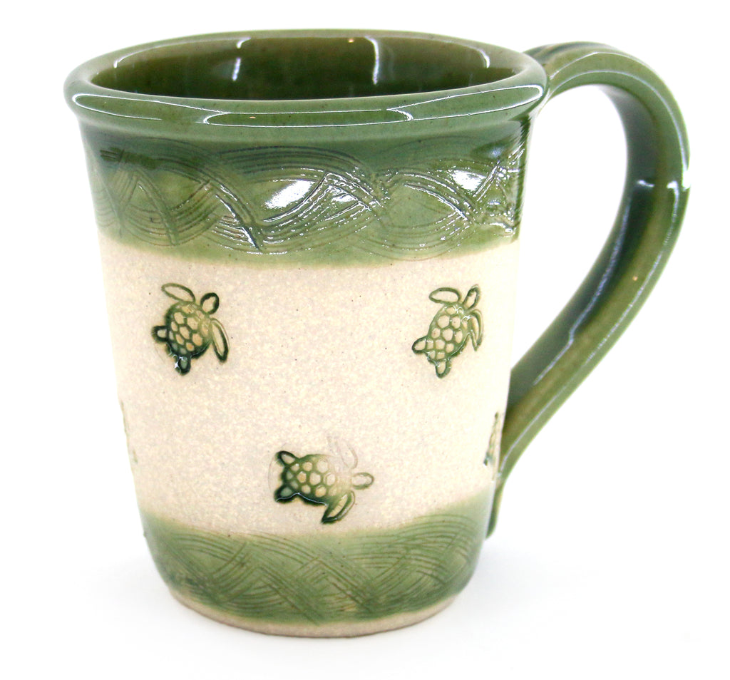 Coastal themed pottery, high fired stoneware mug with a hand etched design of sea turtles