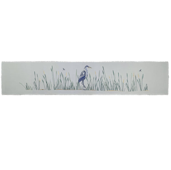 Rightside Design Table Runner - Blue Heron Embroidered on Grey